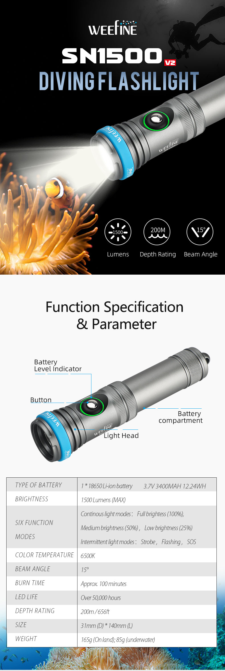 WF100 SN1500 v2 Dive Torch 6